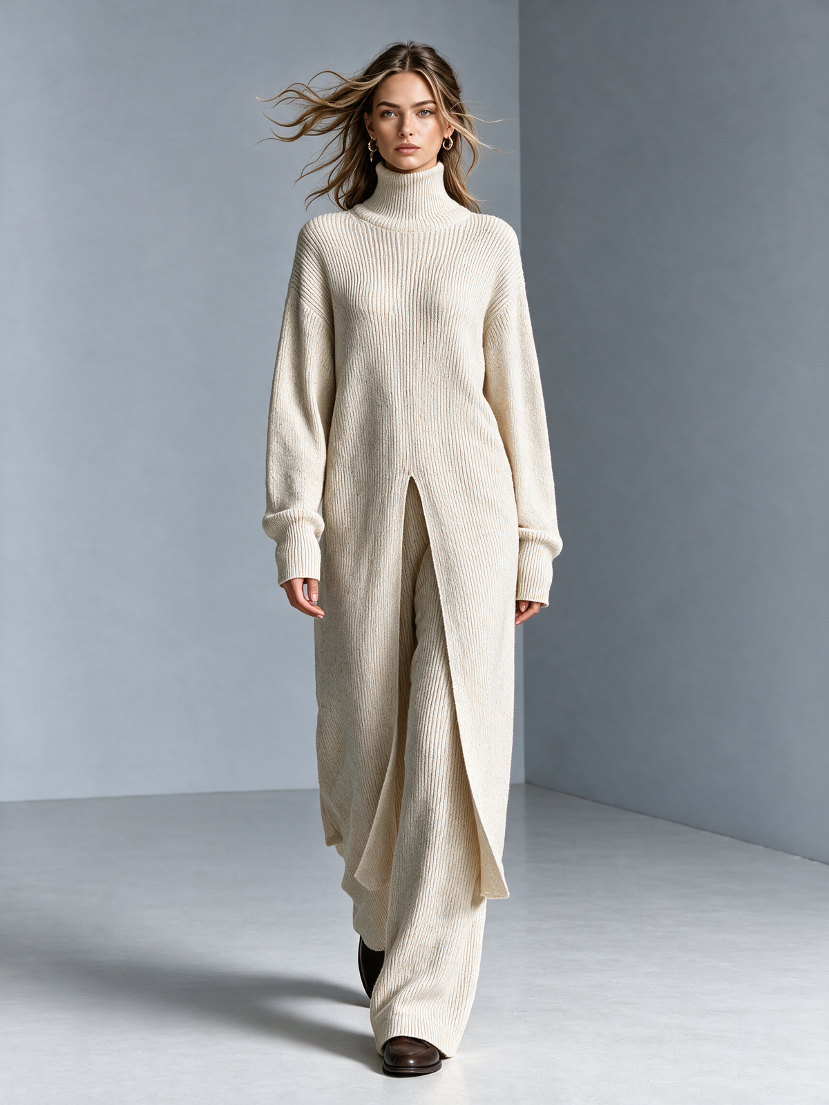 Women's Turtleneck Knit Cardigan & Wide-Leg Trouser Set 5