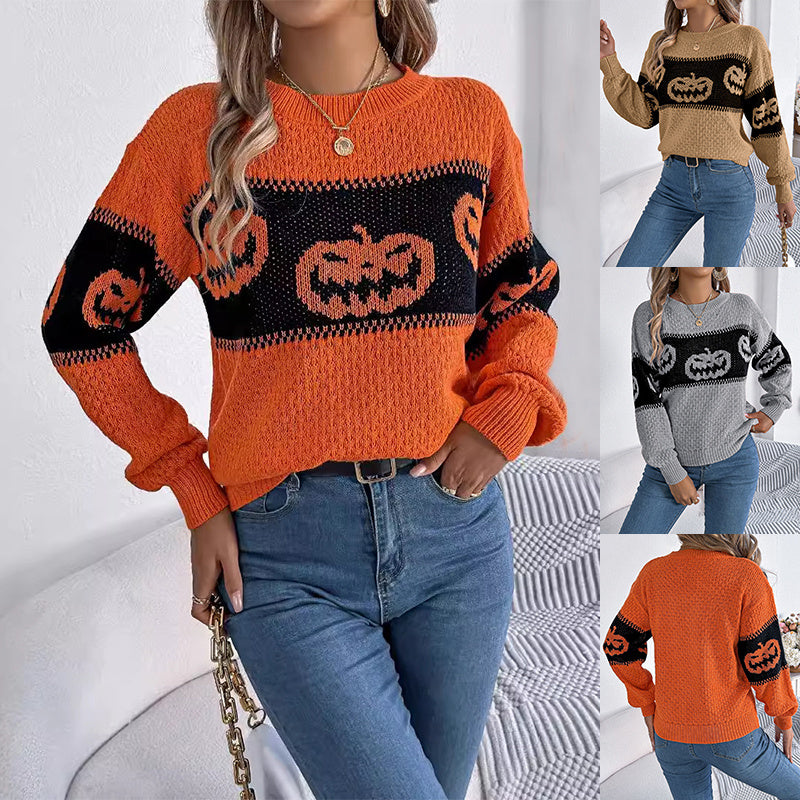 Women's Halloween Pumpkin Knit Sweater — Crew Neck Pullover 7