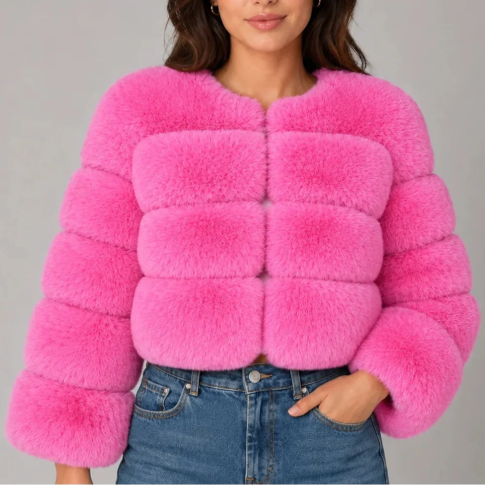 Women's Cropped Faux Fur Coat — Fluffy Round Neck Style 12
