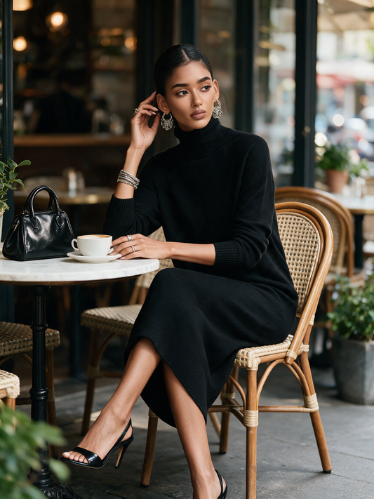 Knitted Turtleneck Midi Dress — Long Sleeve Loose Fit 2