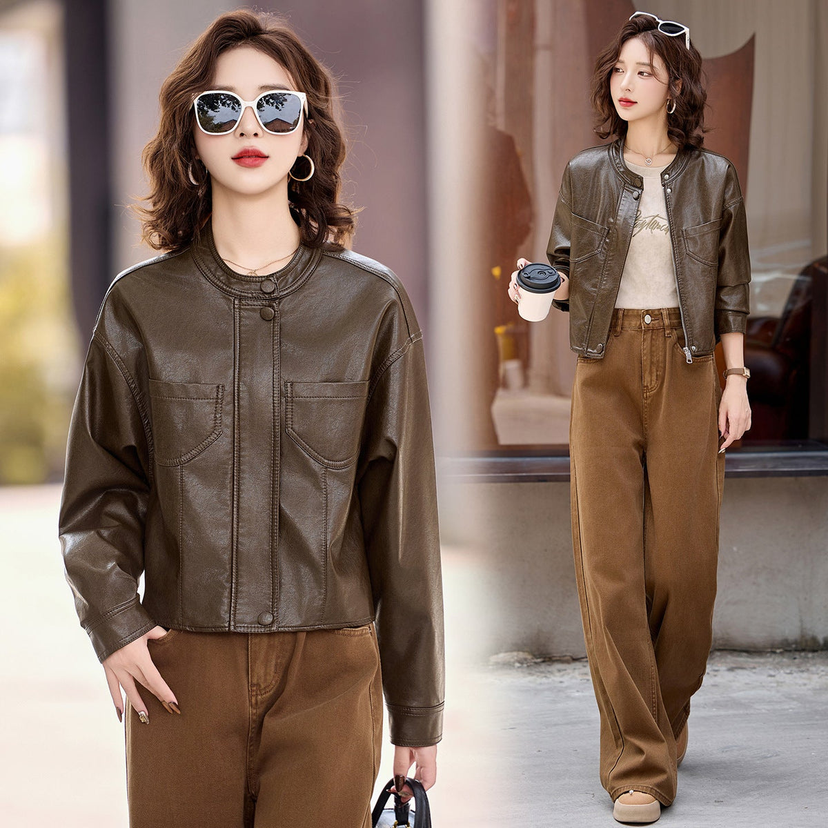 Women's Faux Leather Jacket — Zip-Up Stand Collar Cropped PU Coat 7