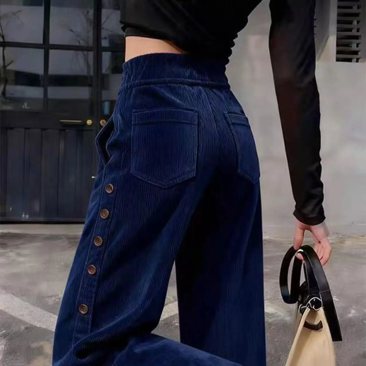 High-Rise Wide Leg Corduroy Pants — Side Button Detail 6