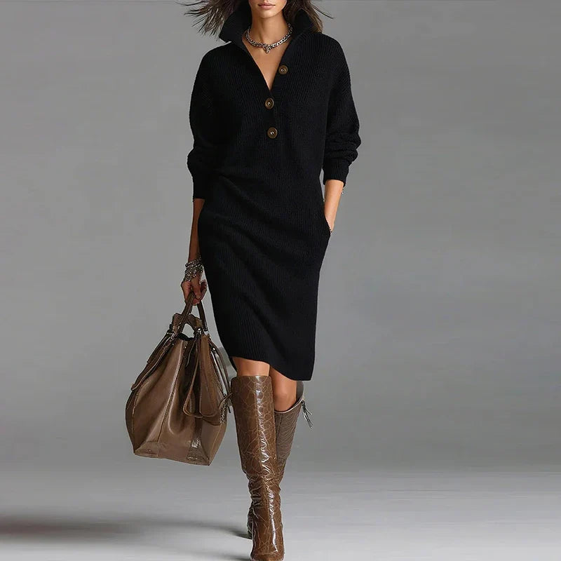 Knit Midi Dress - V Neck Button Front with Side Pockets 5