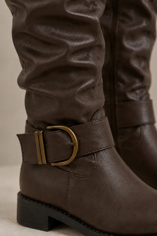 Women's Slouchy Knee-High Boots — Brown with Ankle Buckle