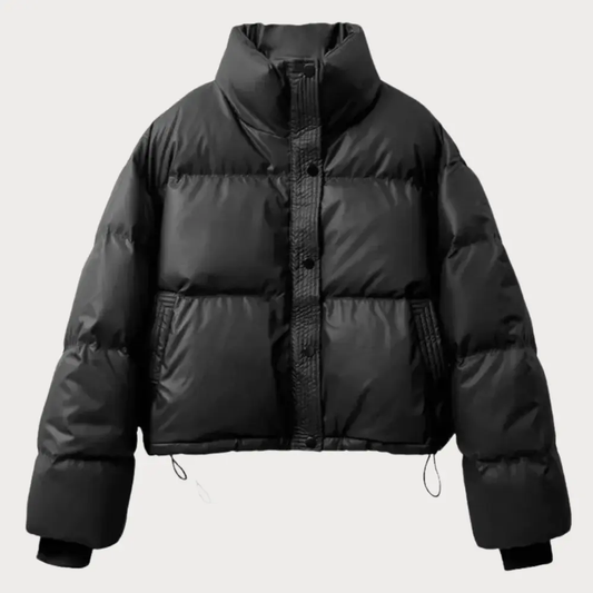 Women's Cropped Puffer Jacket — Stand Collar Snap Button 2