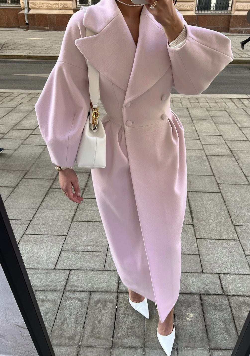 Women's Wool Maxi Coat — Puff Sleeves & Wide Lapels 7