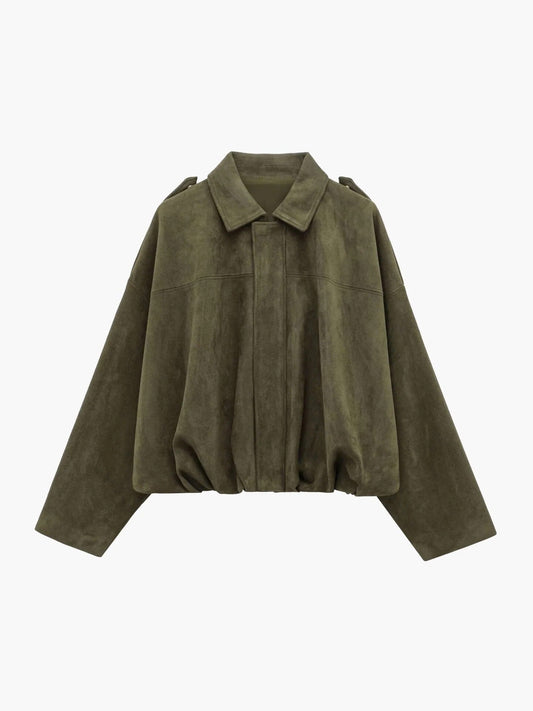 Women's Faux Suede Bomber Jacket — Fold-Over Collar 2