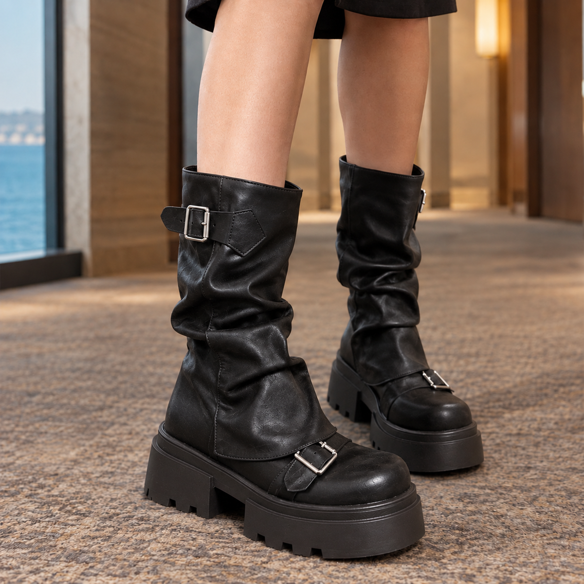 Noelle Women's Leather Platform Boots — Chunky Sole & Buckle Straps in Black