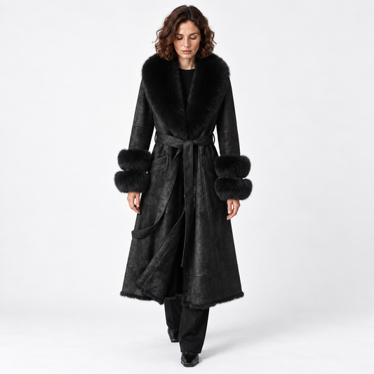 Faux-Fur Trim Belted Long Winter Coat for Women 2