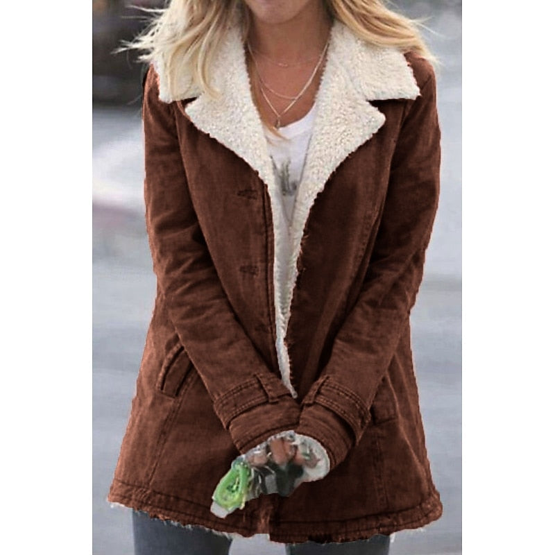 Women's Sherpa-Lined Tailored Coat — Turndown Collar & Front Pockets in Brown
