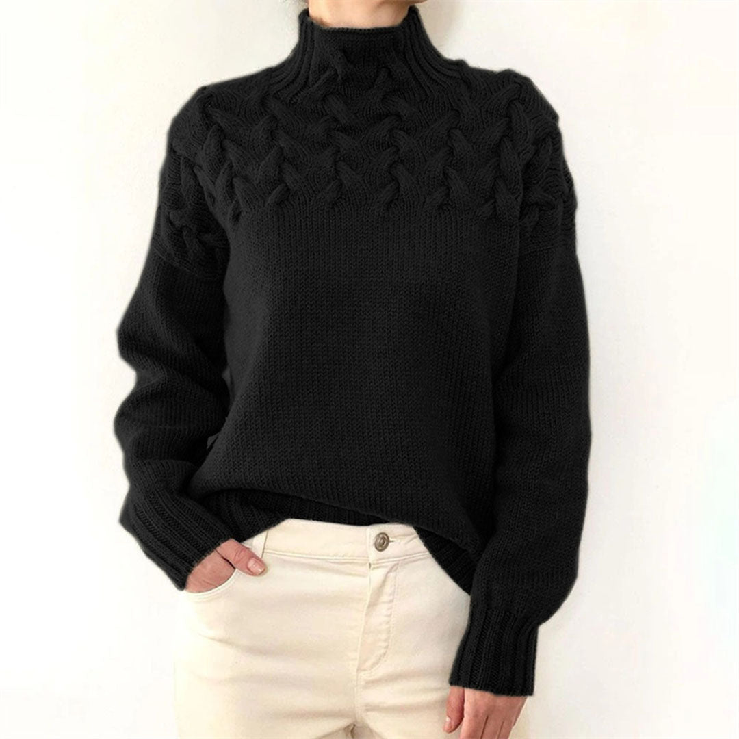Women's Textured Oversized Turtleneck Sweater with Cable Detailing in Black