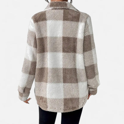 Women's Relaxed Sherpa Jacket — Checkered Button Closure 12