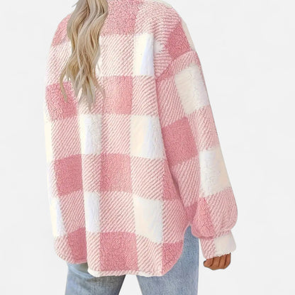 Women's Relaxed Sherpa Jacket — Checkered Button Closure 9