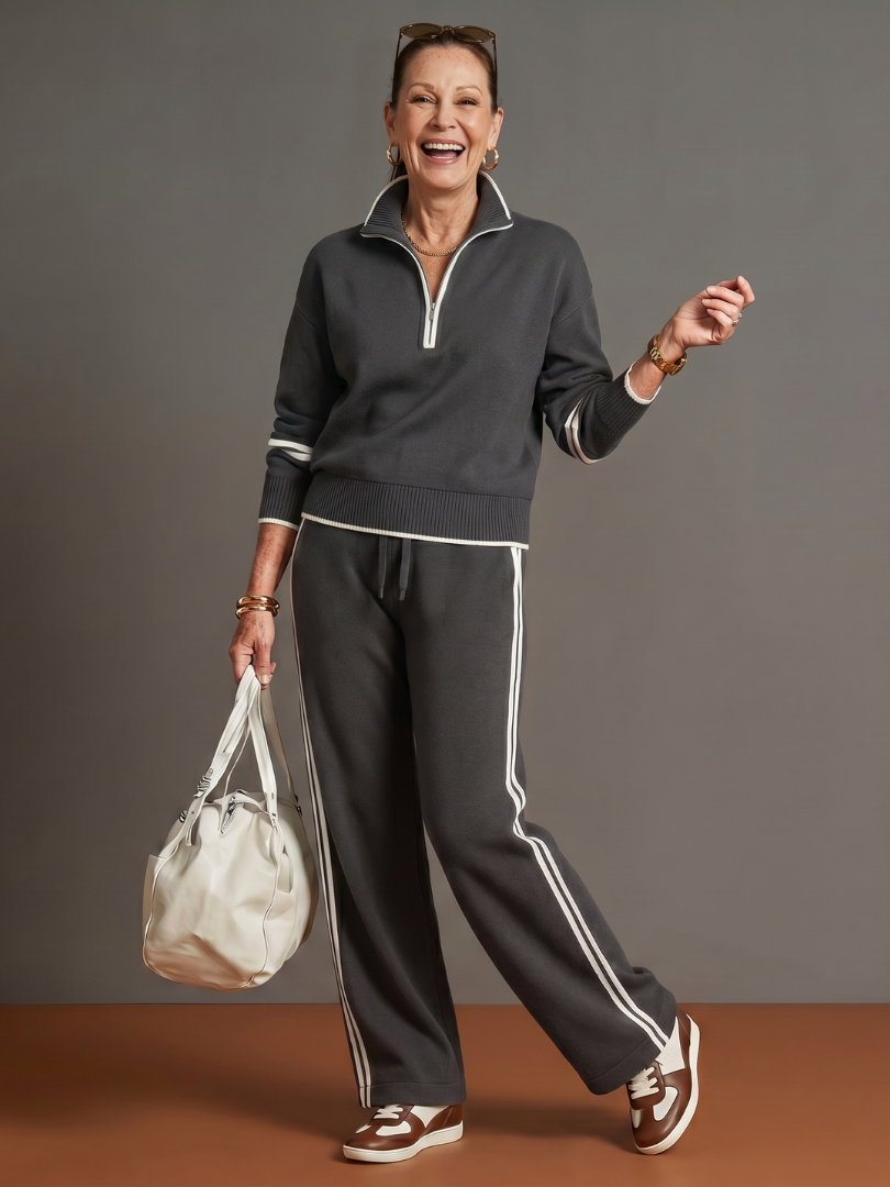Relaxed Knit Pants Set — Zip Neckline & Side Stripe 11