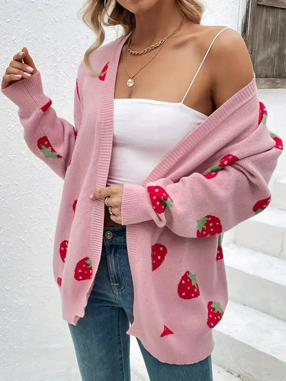 Strawberry Knit Cardigan — Oversized Button-Front Women's 4