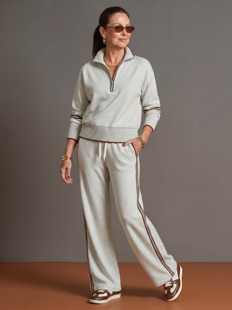 Relaxed Knit Pants Set — Zip Neckline & Side Stripe 14