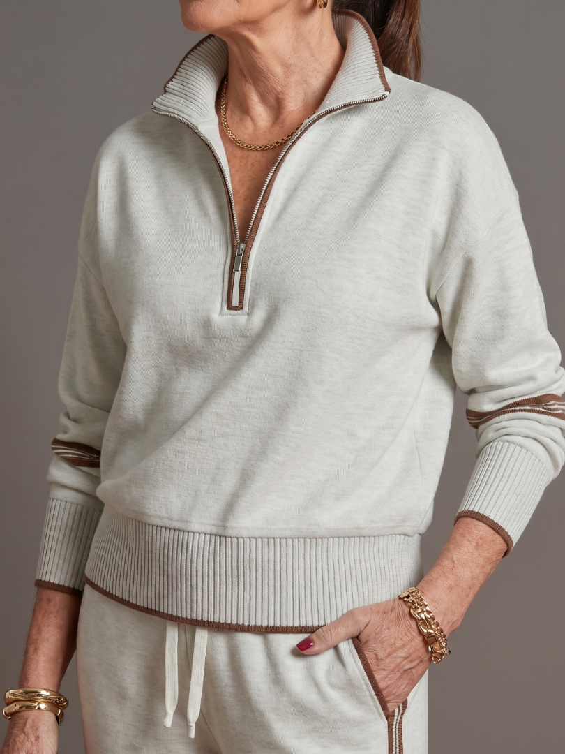 Relaxed Knit Pants Set — Zip Neckline & Side Stripe 15