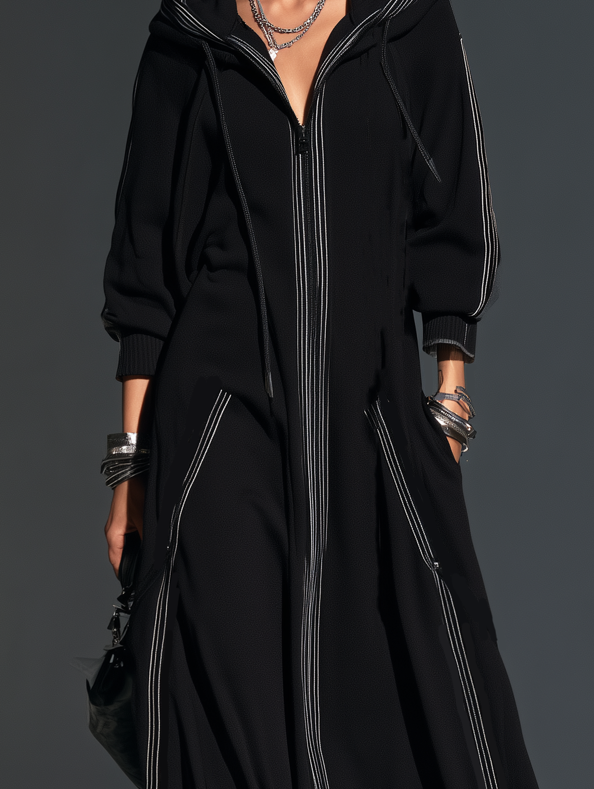Women's Hooded Long Coat — Soft Sweatshirt Fabric Black 6