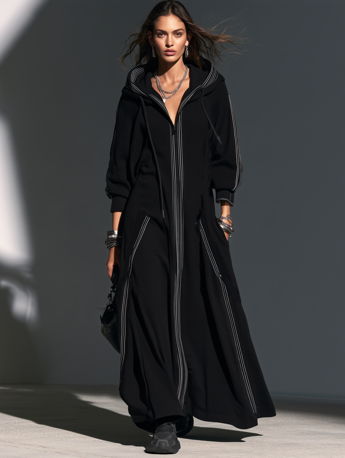 Women's Hooded Long Coat — Soft Sweatshirt Fabric Black 5