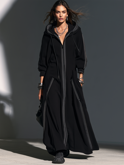 Women's Hooded Long Coat — Soft Sweatshirt Fabric Black 5