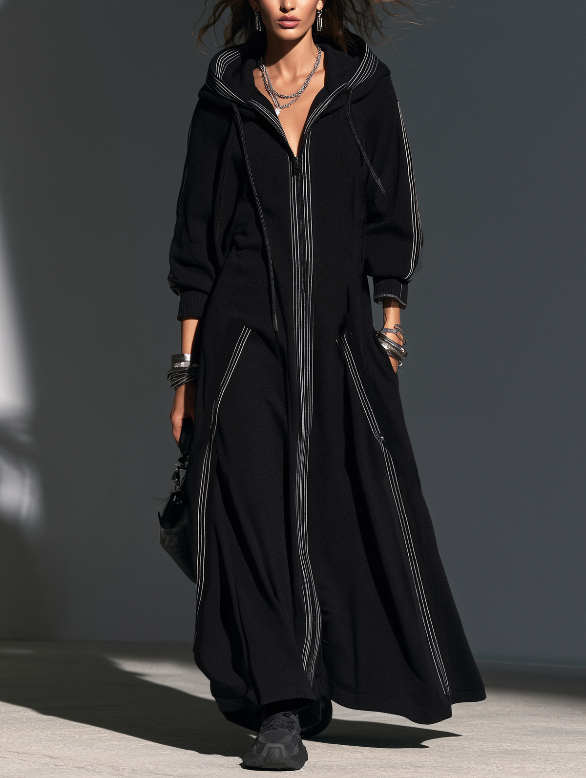 Women's Hooded Long Coat — Soft Sweatshirt Fabric Black 1