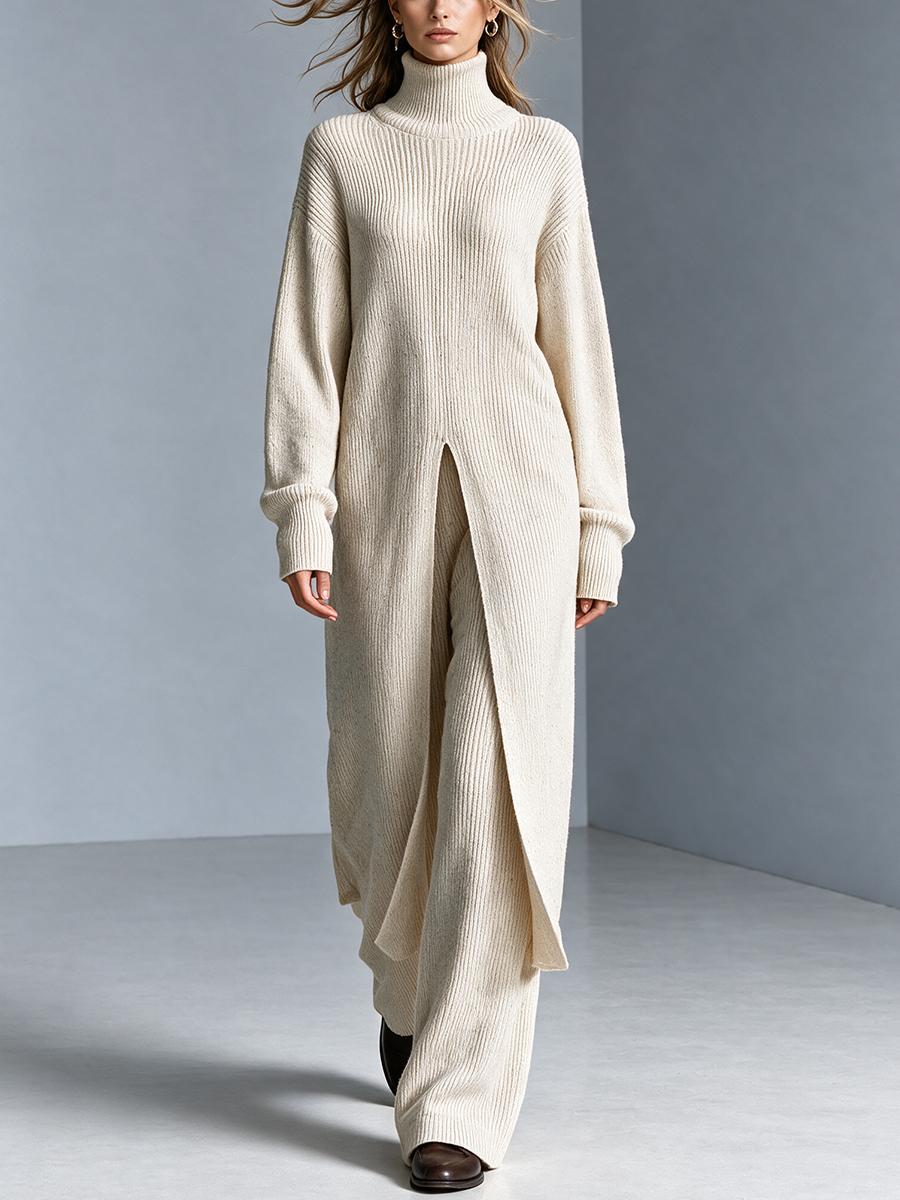 Women's Turtleneck Knit Cardigan & Wide-Leg Trouser Set 1