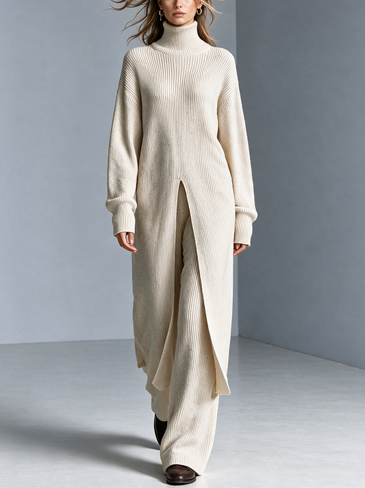 Women's Turtleneck Knit Cardigan & Wide-Leg Trouser Set 1