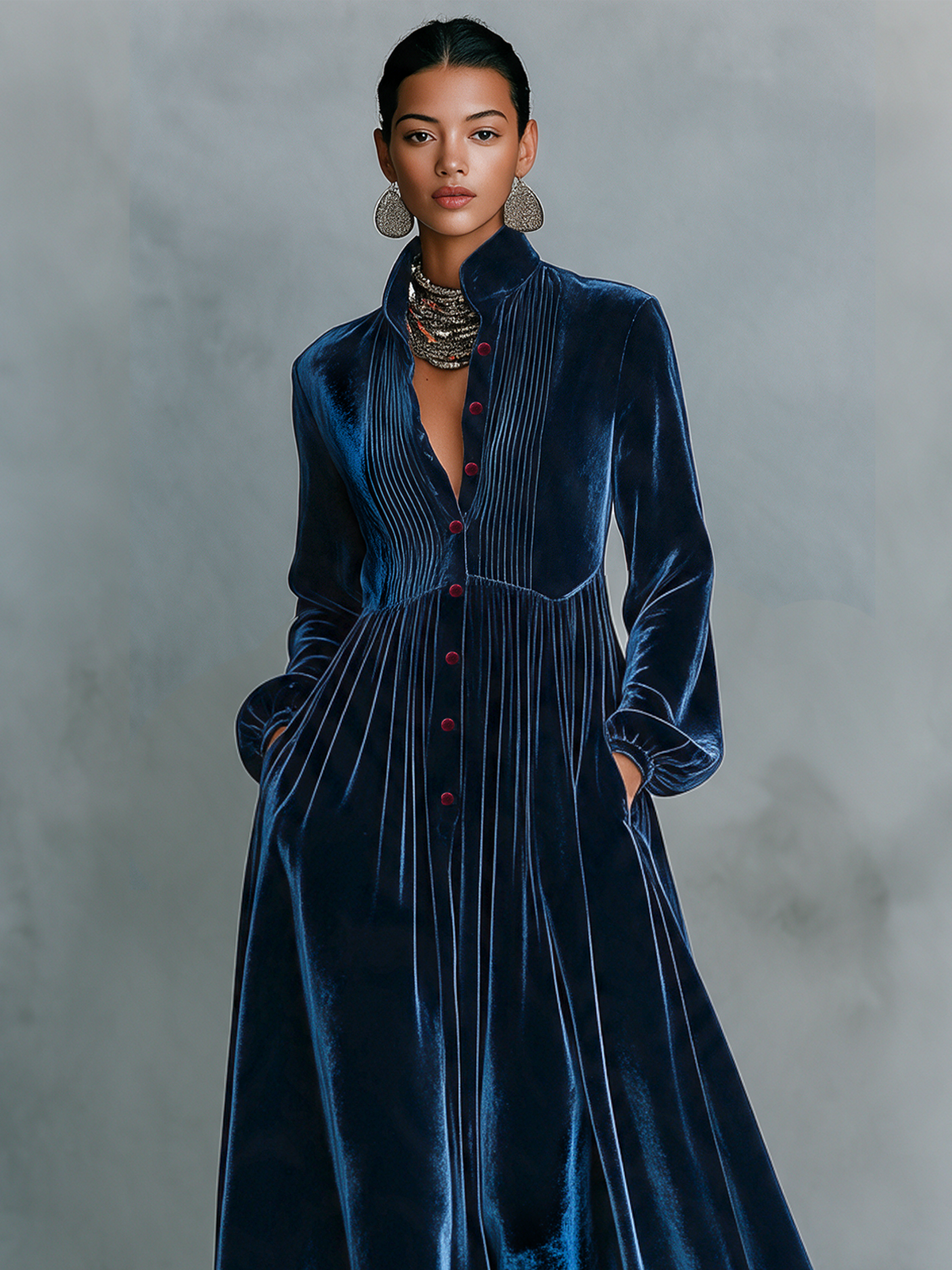 Vintage Velvet Maxi Dress — Button Front Floor-Length Gown 5