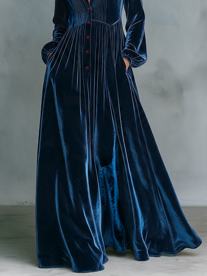 Vintage Velvet Maxi Dress — Button Front Floor-Length Gown 6