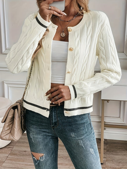 Cable-Knit Open Front Cardigan with Gold-Tone Buttons 9
