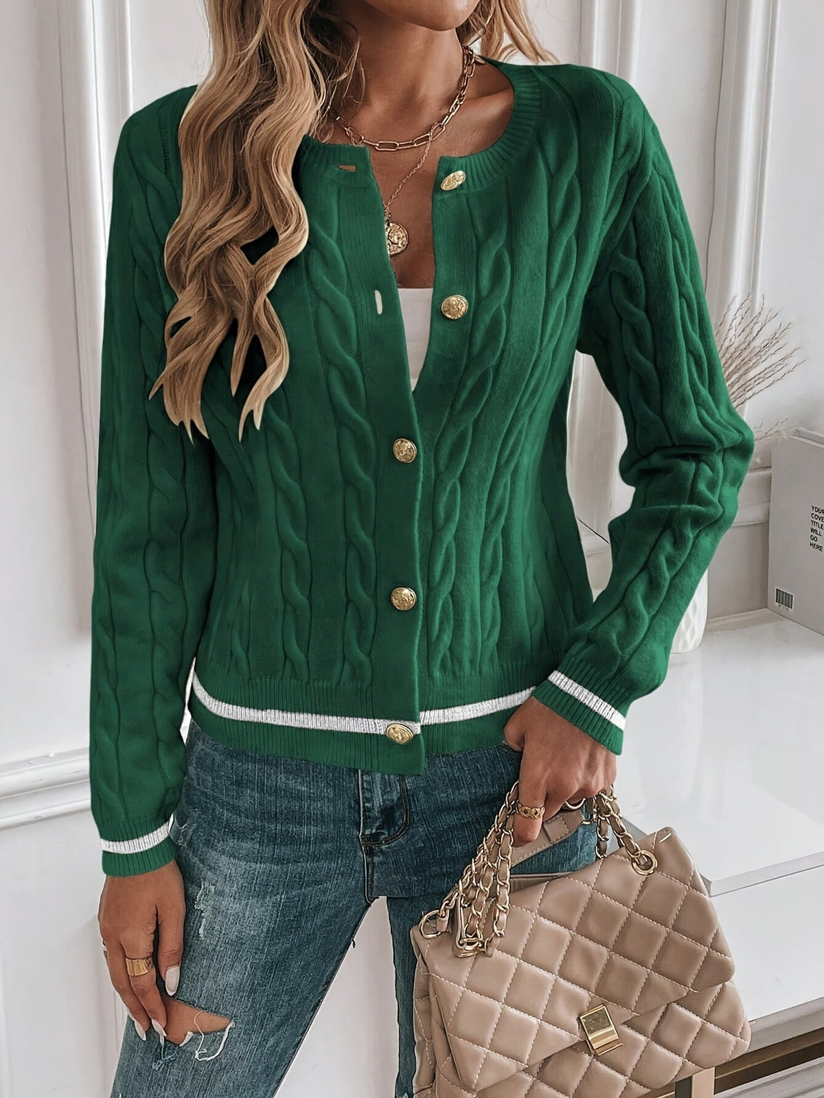 Cable-Knit Open Front Cardigan with Gold-Tone Buttons 27