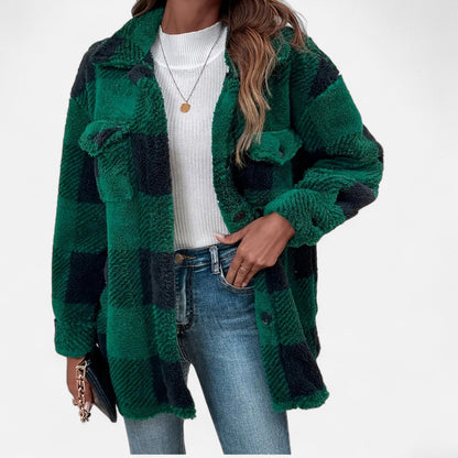 Women's Relaxed Sherpa Jacket — Checkered Button Closure 6