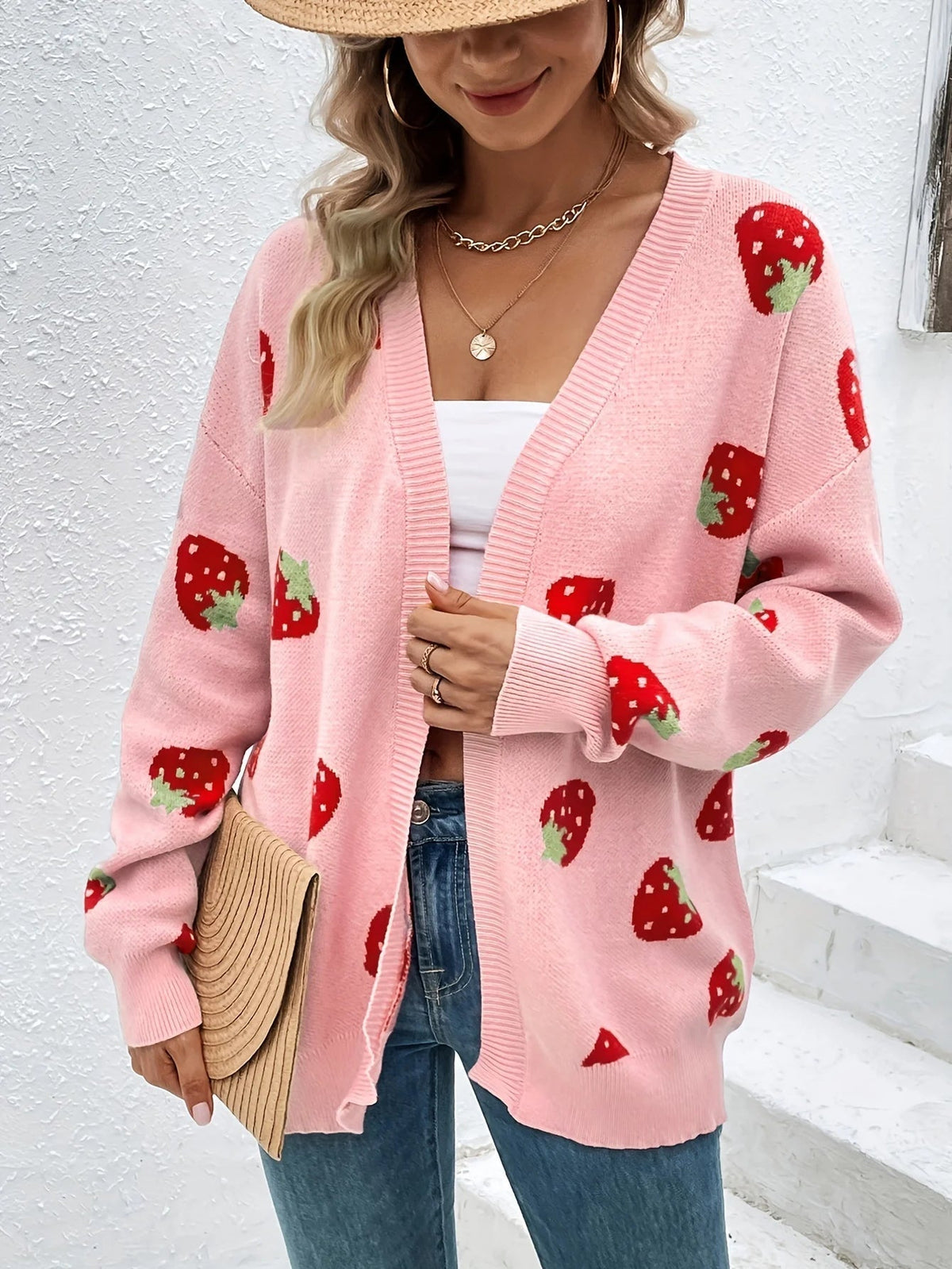 Strawberry Knit Cardigan — Oversized Button-Front Women's 3