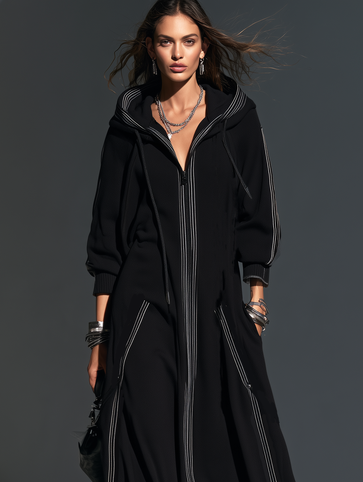 Women's Hooded Long Coat — Soft Sweatshirt Fabric Black 4