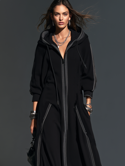 Women's Hooded Long Coat — Soft Sweatshirt Fabric Black 4