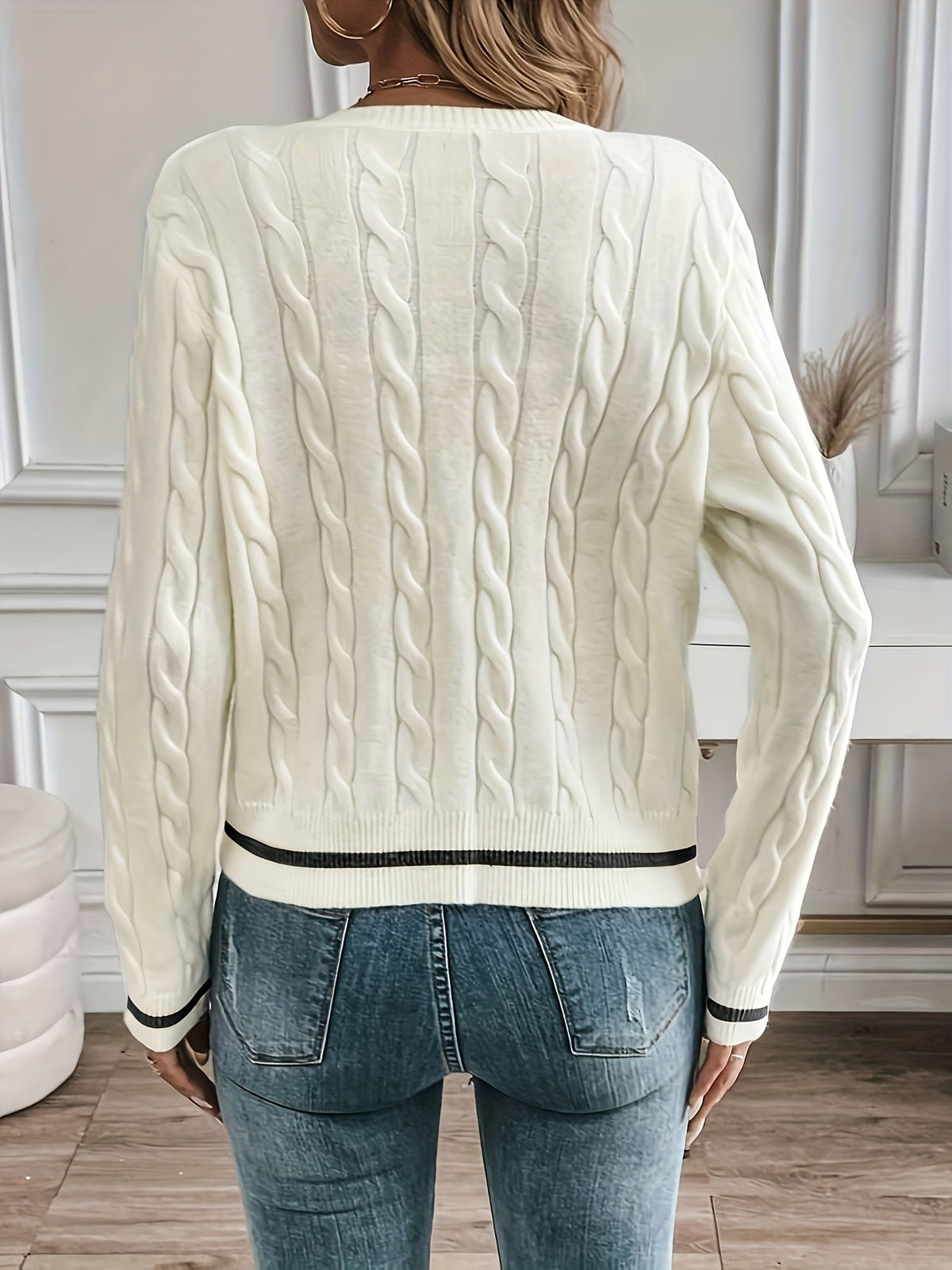 Cable-Knit Open Front Cardigan with Gold-Tone Buttons 8
