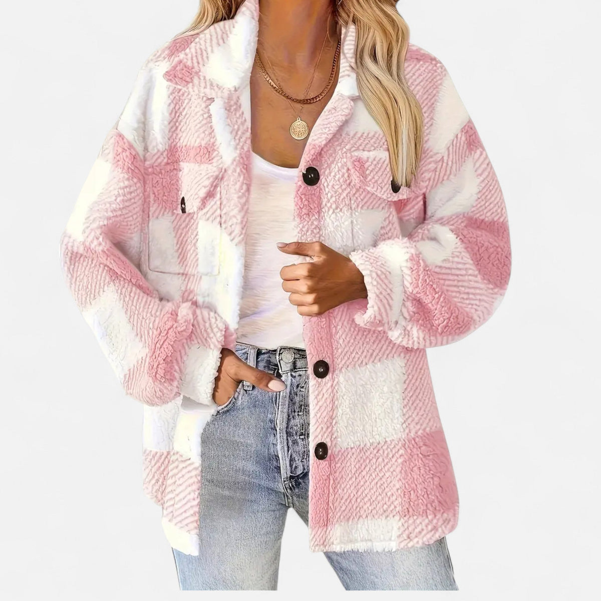 Women's Relaxed Sherpa Jacket — Checkered Button Closure 7