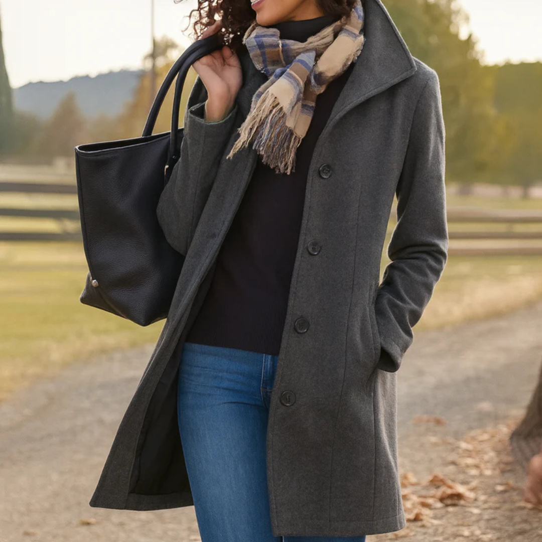 Women's Tailored Wool Coat — Notch Collar Button Front 4