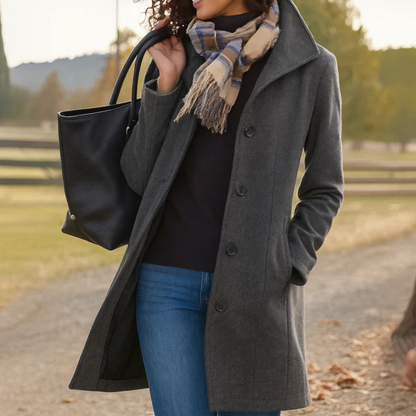 Women's Tailored Wool Coat — Notch Collar Button Front 4