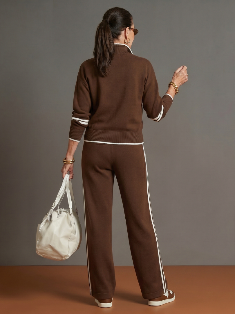 Relaxed Knit Pants Set — Zip Neckline & Side Stripe 4