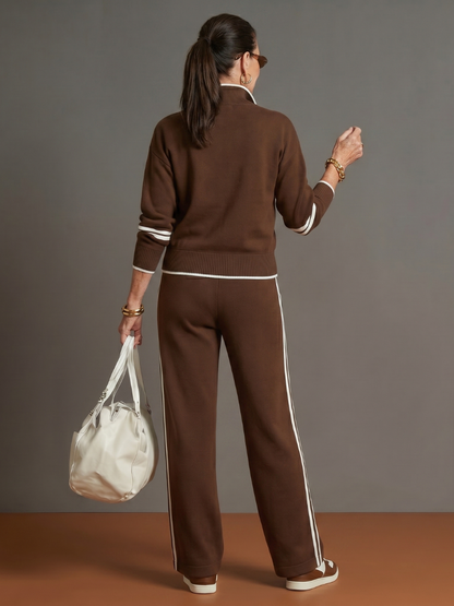 Relaxed Knit Pants Set — Zip Neckline & Side Stripe 4