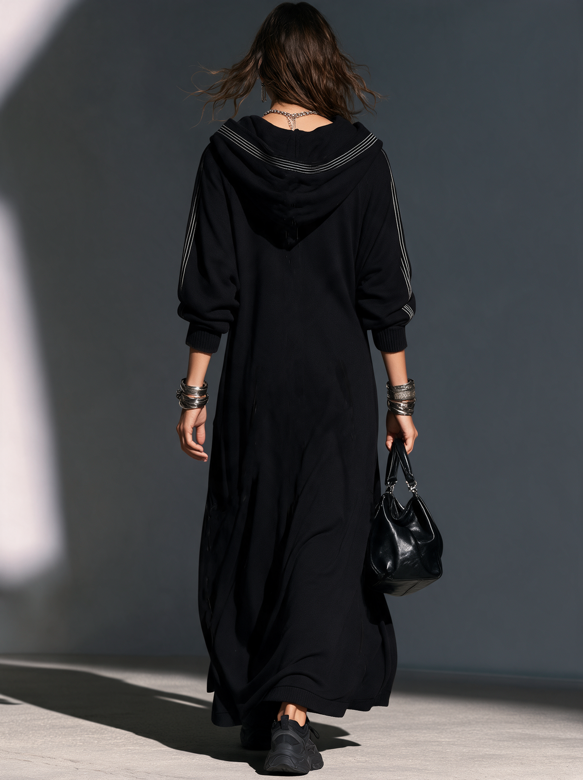 Women's Hooded Long Coat — Soft Sweatshirt Fabric Black 3