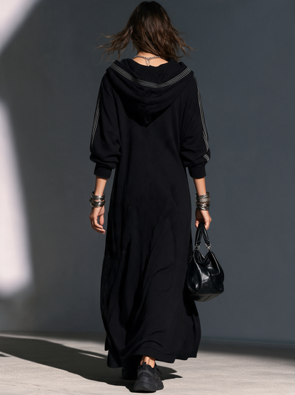 Women's Hooded Long Coat — Soft Sweatshirt Fabric Black 3