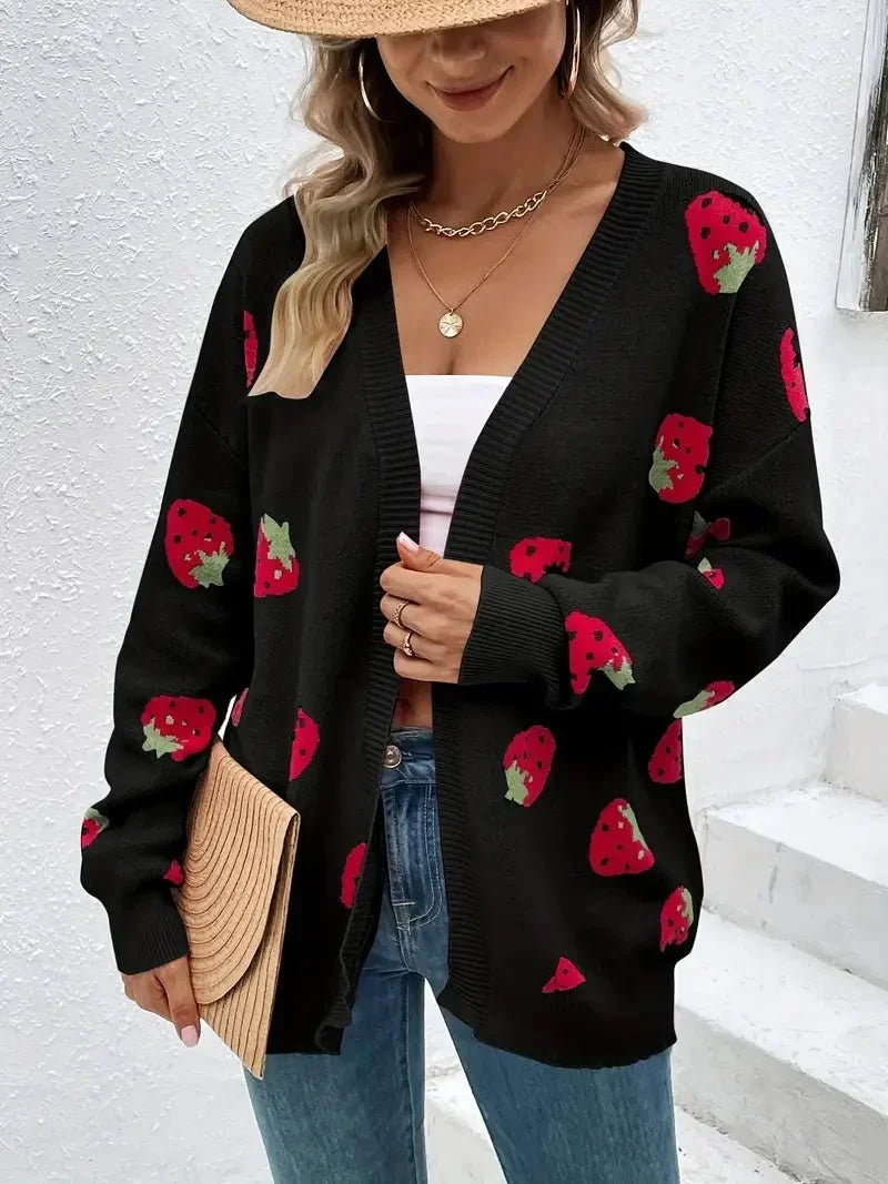 Strawberry Knit Cardigan — Oversized Button-Front Women's 9