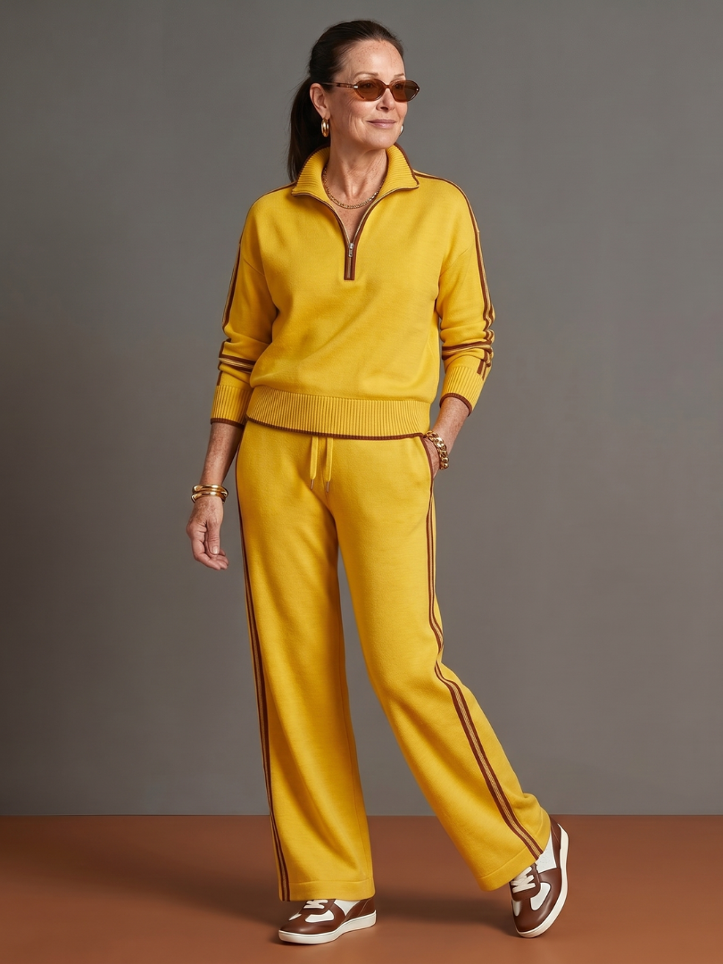 Relaxed Knit Pants Set — Zip Neckline & Side Stripe 6