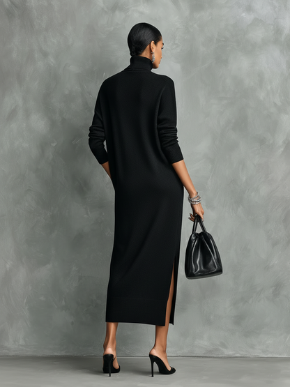 Knitted Turtleneck Midi Dress — Long Sleeve Loose Fit 4