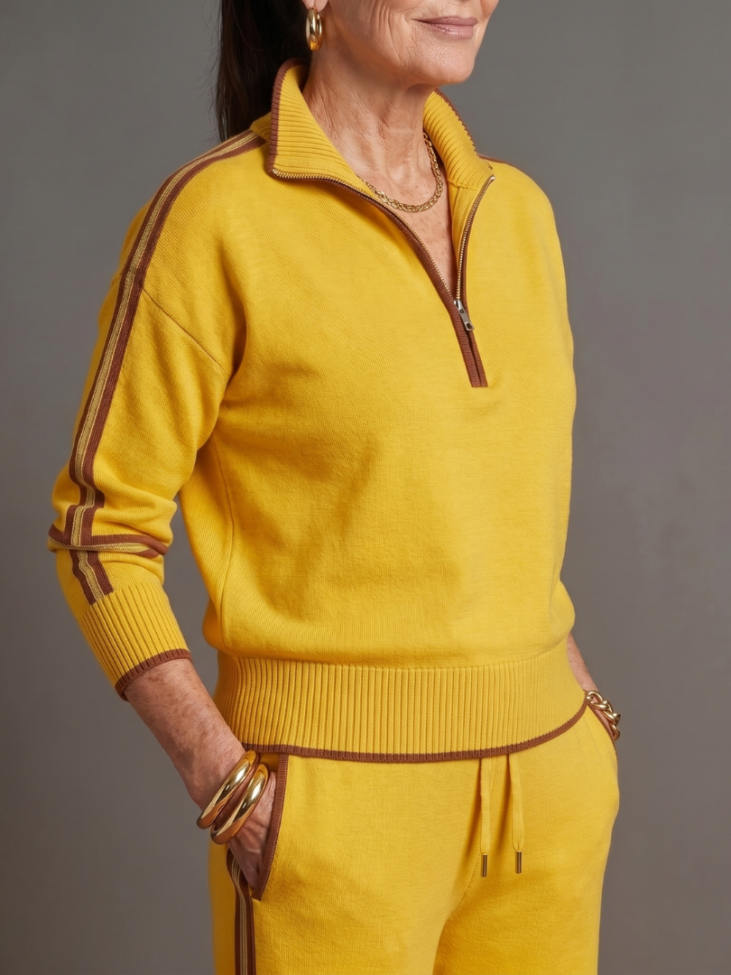 Relaxed Knit Pants Set — Zip Neckline & Side Stripe 7
