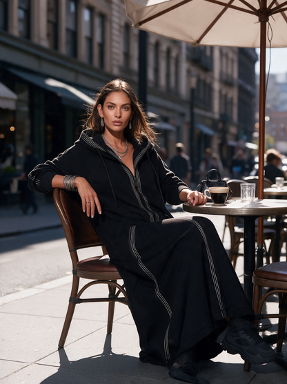 Women's Hooded Long Coat — Soft Sweatshirt Fabric Black 2