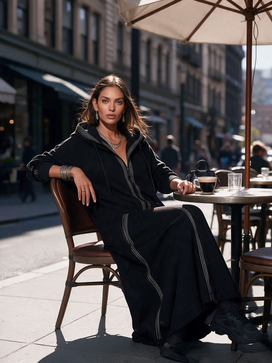 Women's Hooded Long Coat — Soft Sweatshirt Fabric Black 2