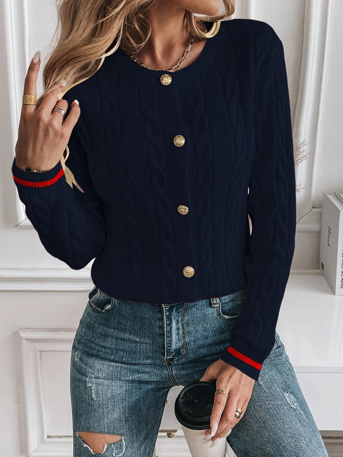 Cable-Knit Open Front Cardigan with Gold-Tone Buttons 12